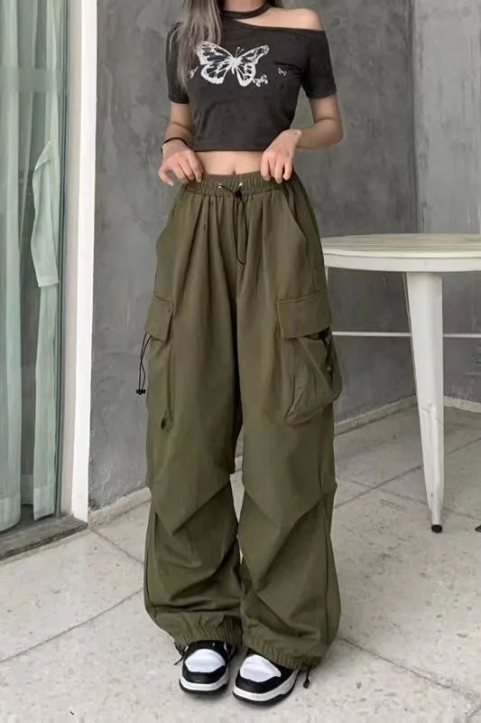 Y2K Low Waist Baggy Cargo Pants with Drawstring Streetwear Style