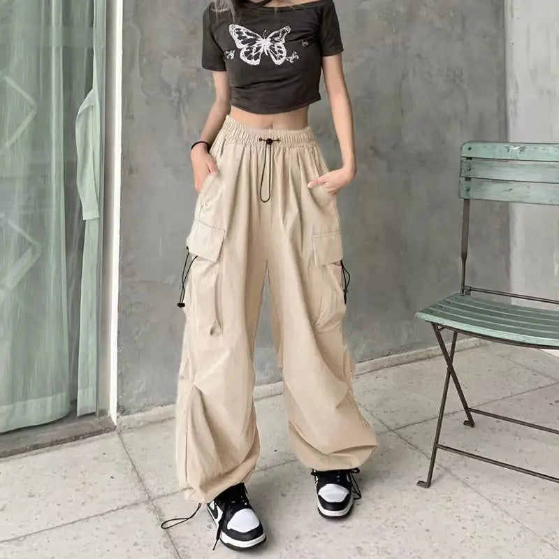 Y2K Low Waist Baggy Cargo Pants with Drawstring Streetwear Style