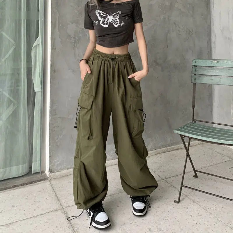Y2K Low Waist Baggy Cargo Pants with Drawstring Streetwear Style