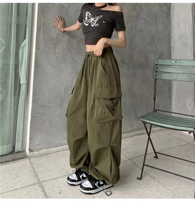 Y2K Low Waist Baggy Cargo Pants with Drawstring Streetwear Style