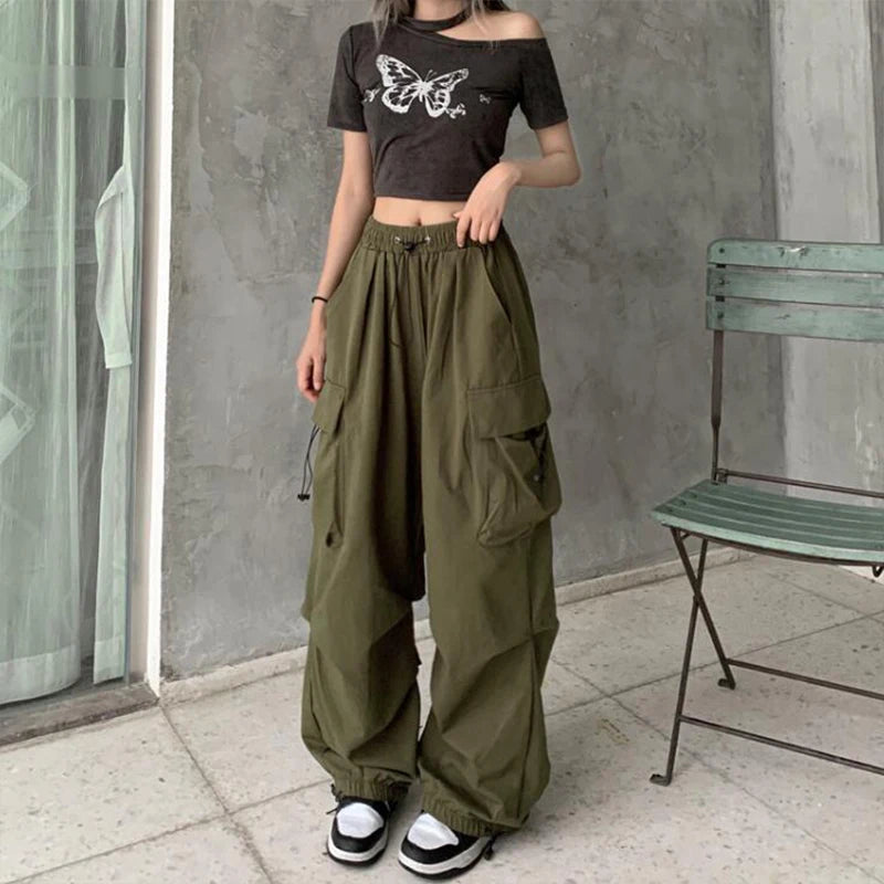 Y2K Low Waist Baggy Cargo Pants with Drawstring Streetwear Style