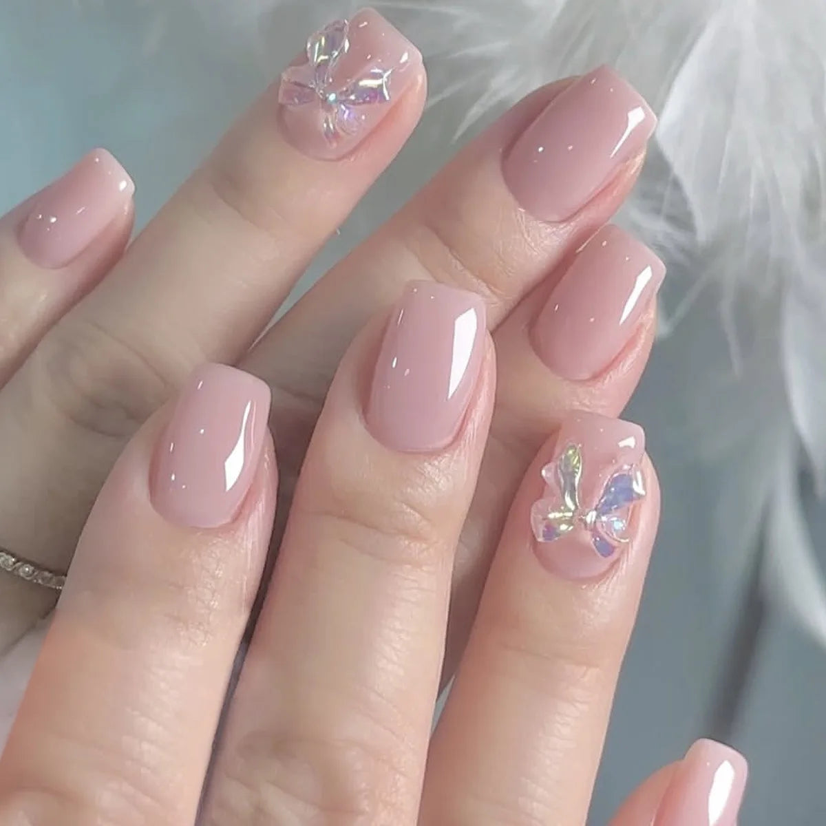 White French Press on Nails 3D Bowknot