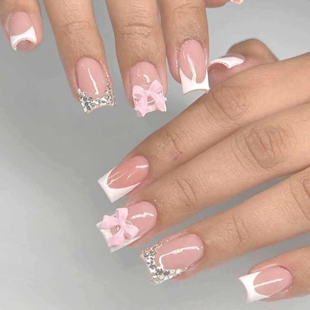 White French Press on Nails 3D Bowknot