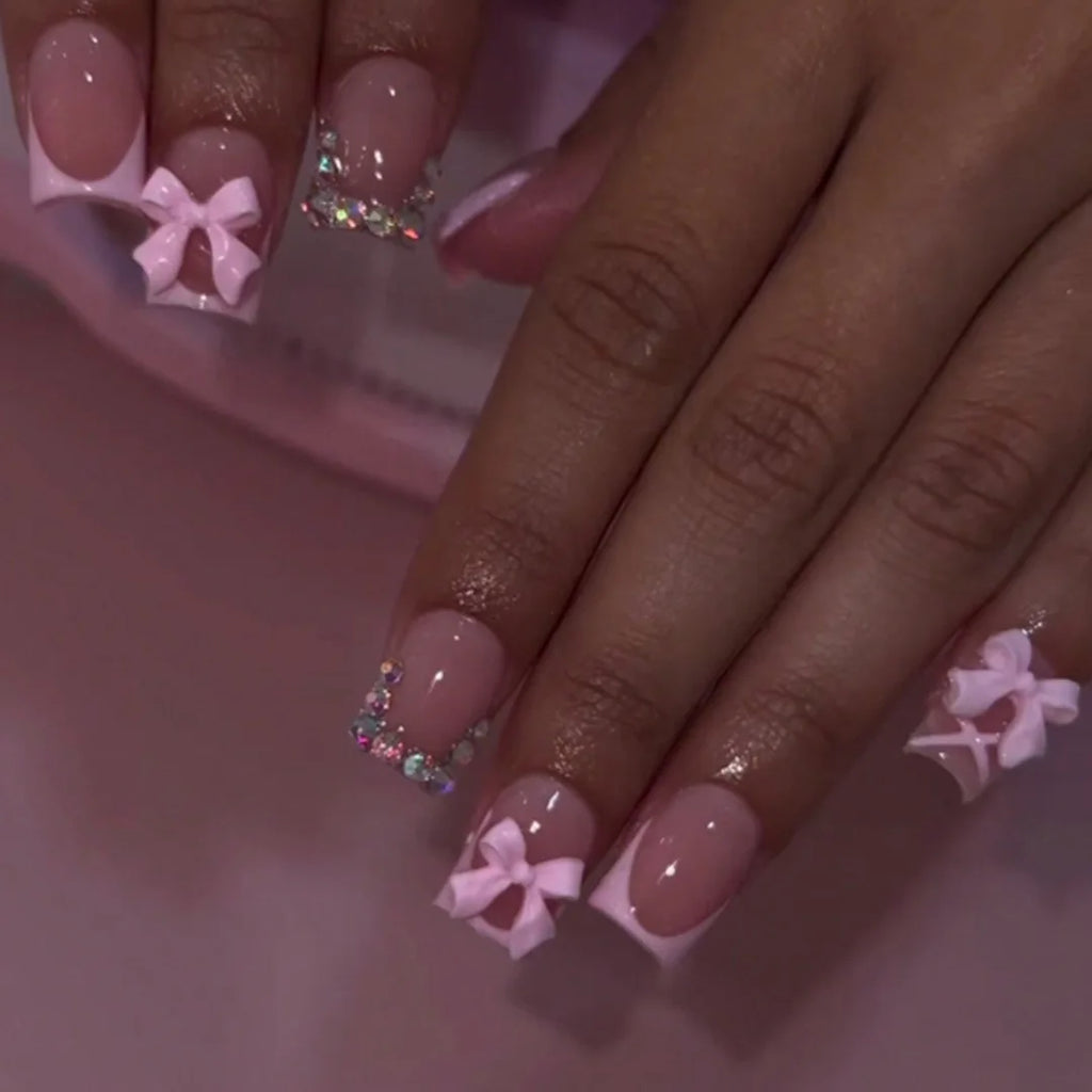 White French Press on Nails 3D Bowknot