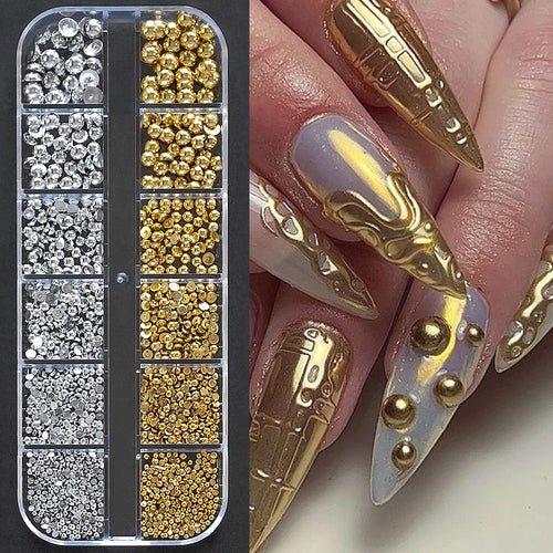 1 Box Half Round Flatback Nail Rhinestones Multi Size Gold& Silver