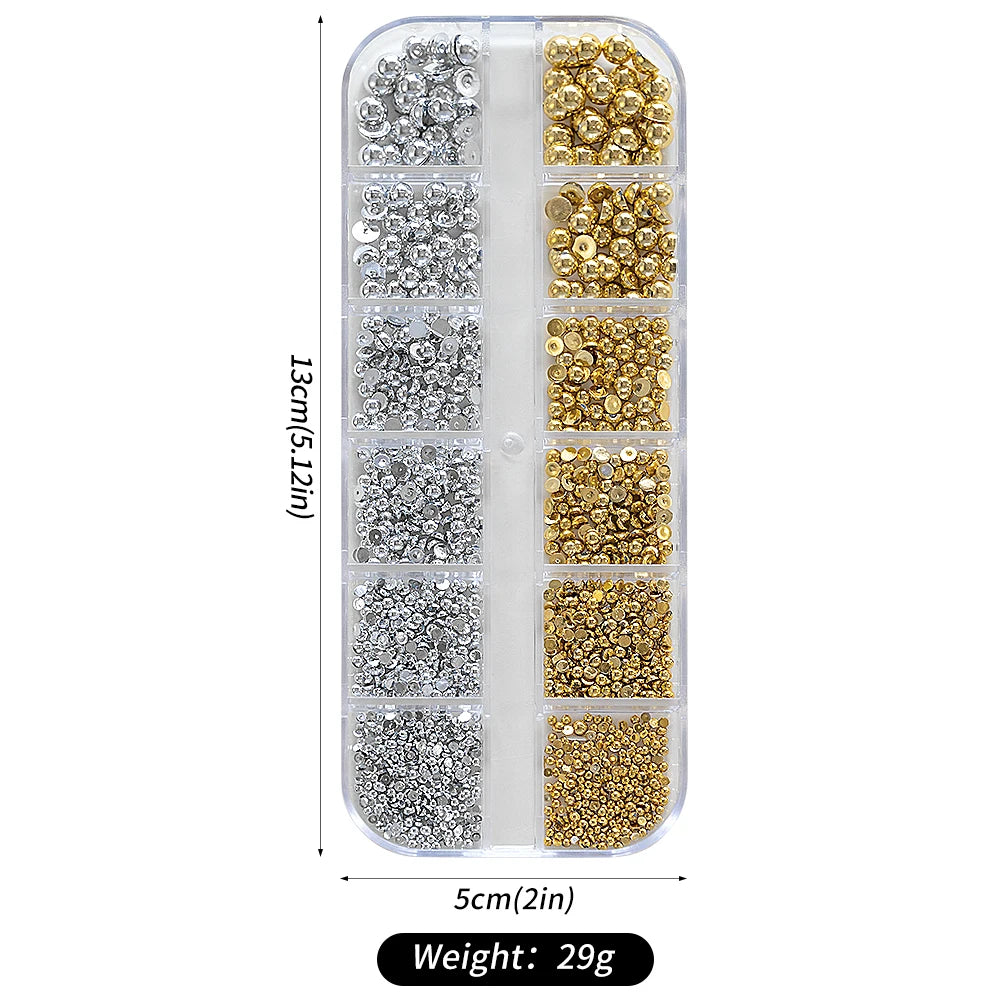 1 Box Half Round Flatback Nail Rhinestones Multi Size Gold& Silver