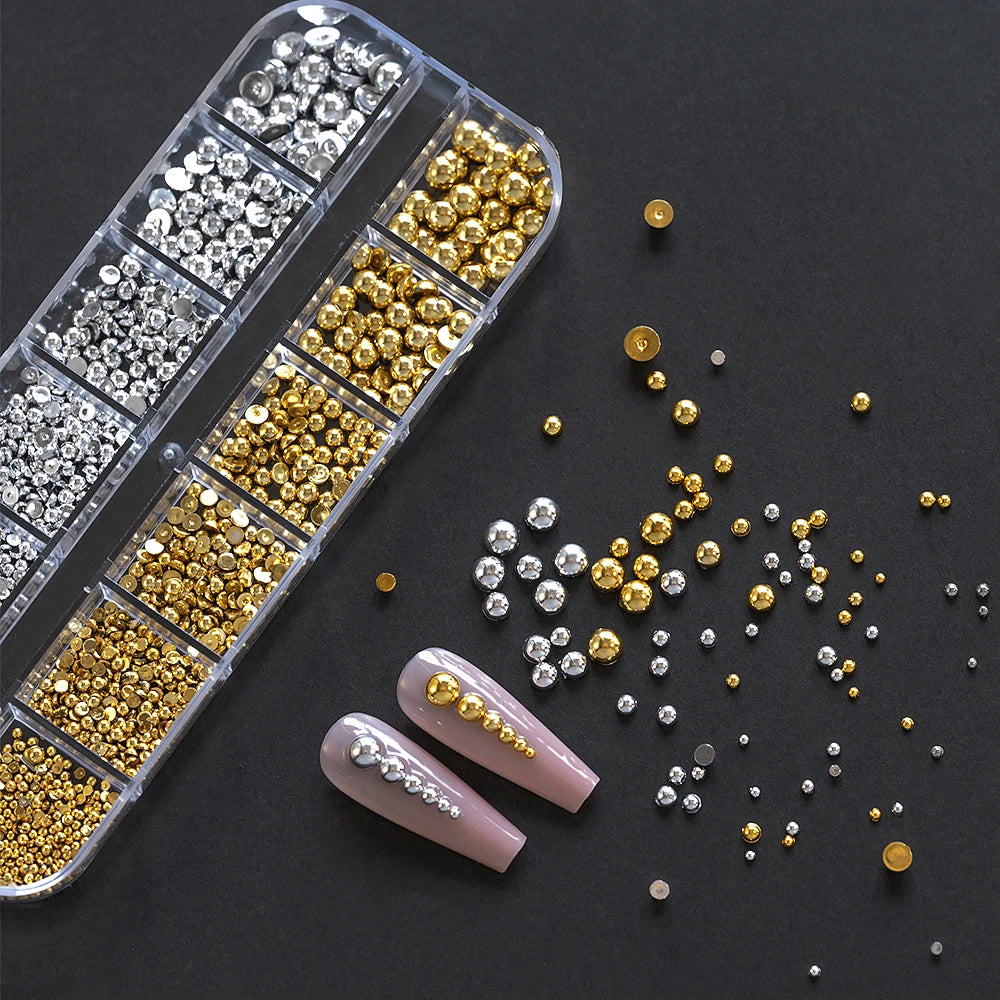 1 Box Half Round Flatback Nail Rhinestones Multi Size Gold& Silver