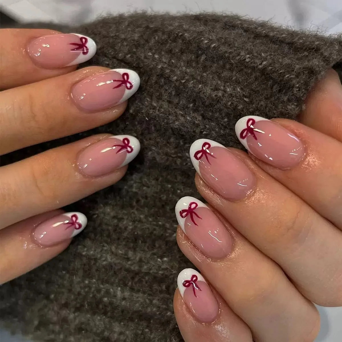 White French Press on Nails 3D Bowknot