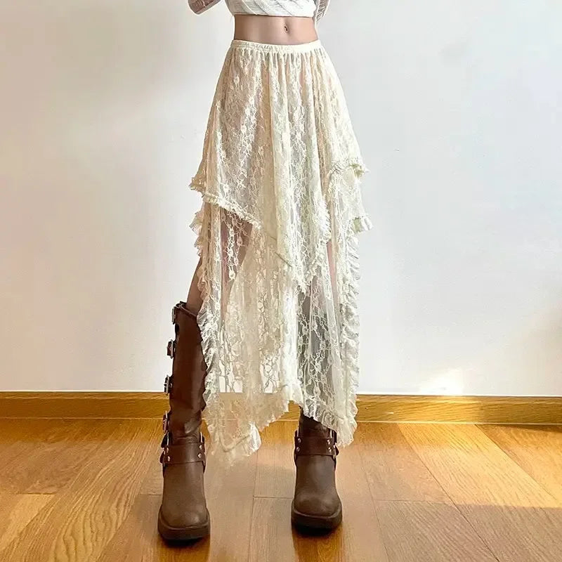 Lace Asymmetrical High-Waist Fairycore Skirt (Vintage Y2K Boho Style)