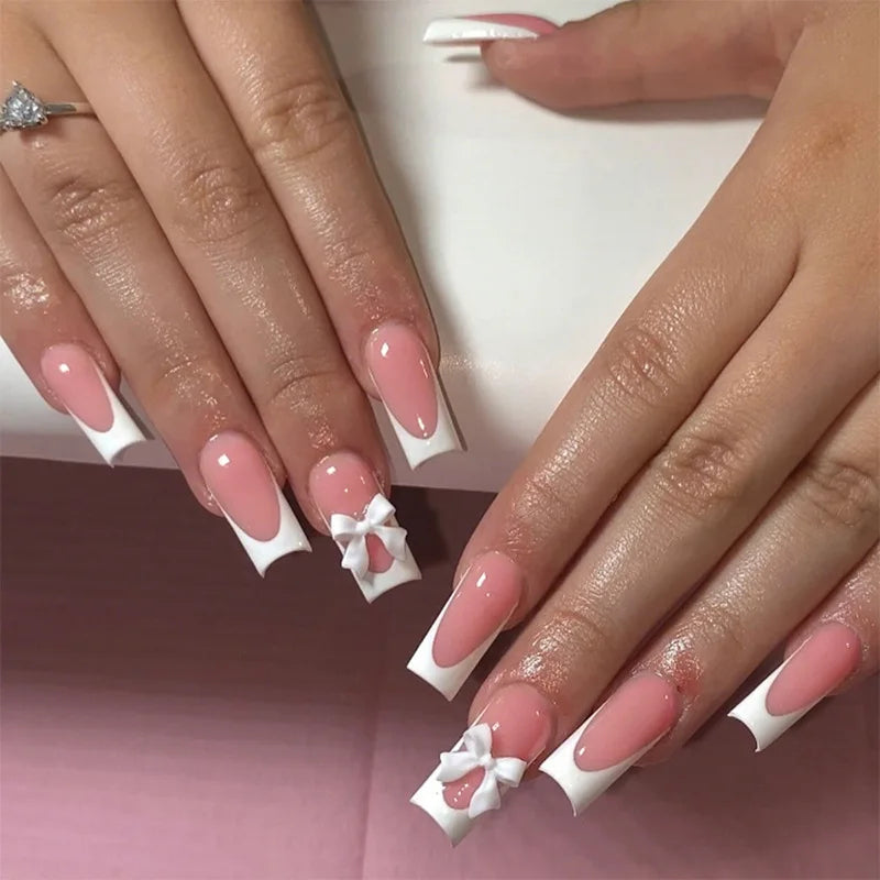 White French Press on Nails 3D Bowknot