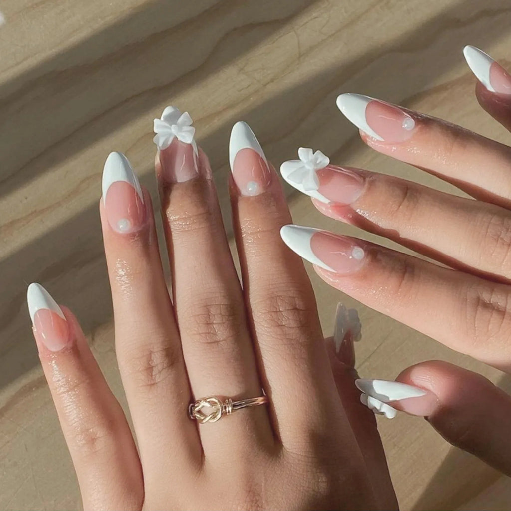 White French Press on Nails 3D Bowknot