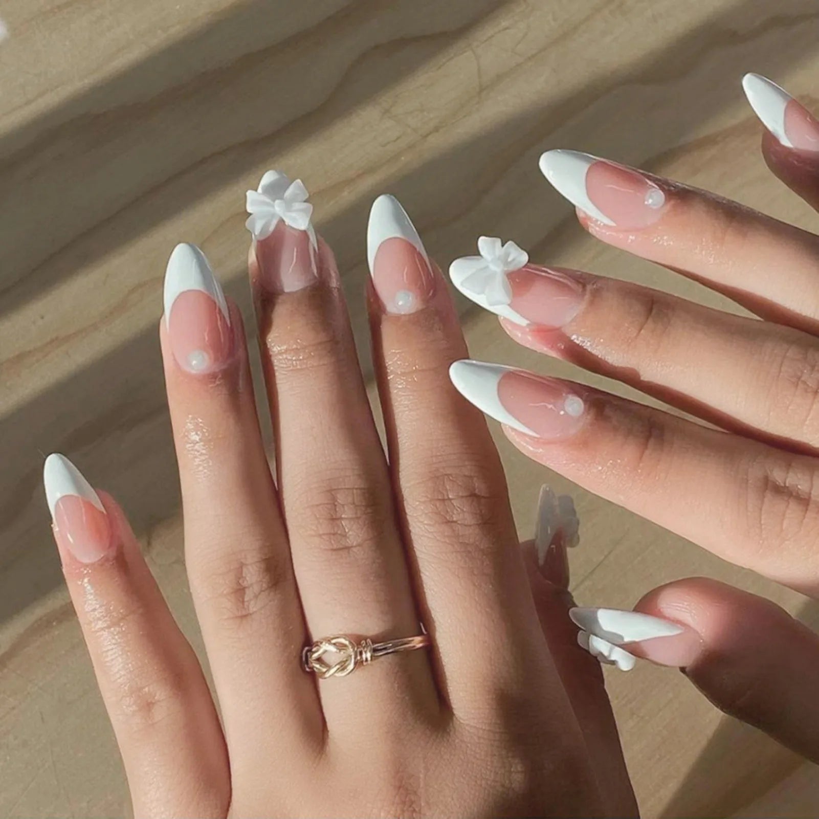 White French Press on Nails 3D Bowknot