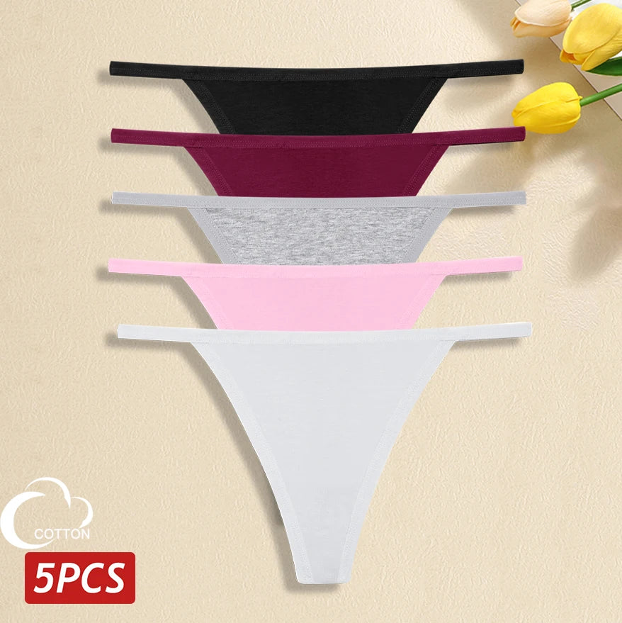5-Pack Women’s Cotton Thong Panties – Low Waist Breathable Lingerie