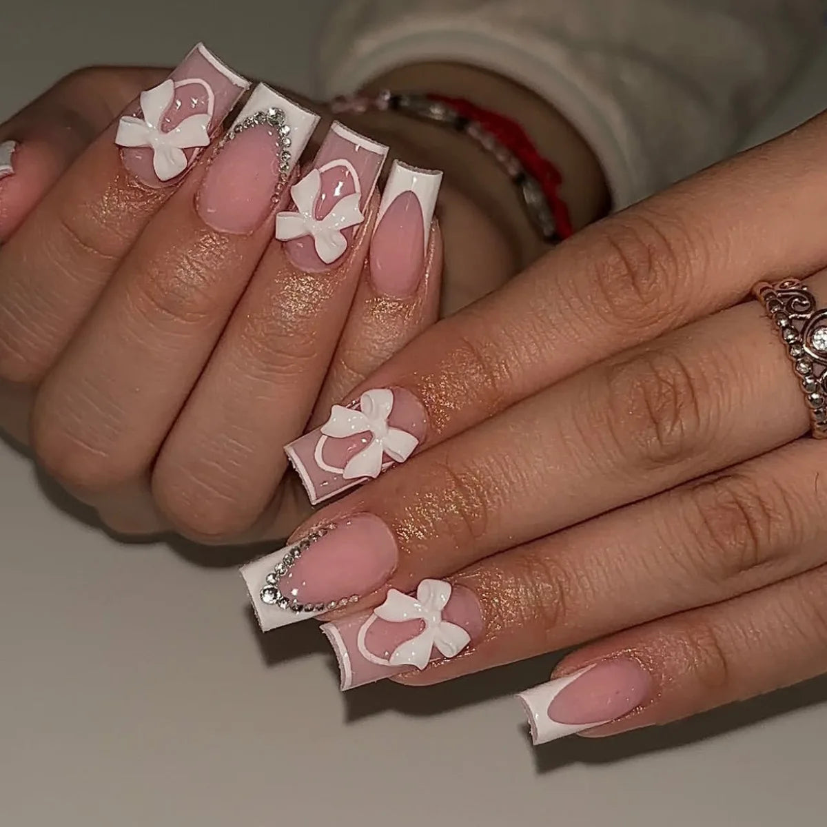 White French Press on Nails 3D Bowknot