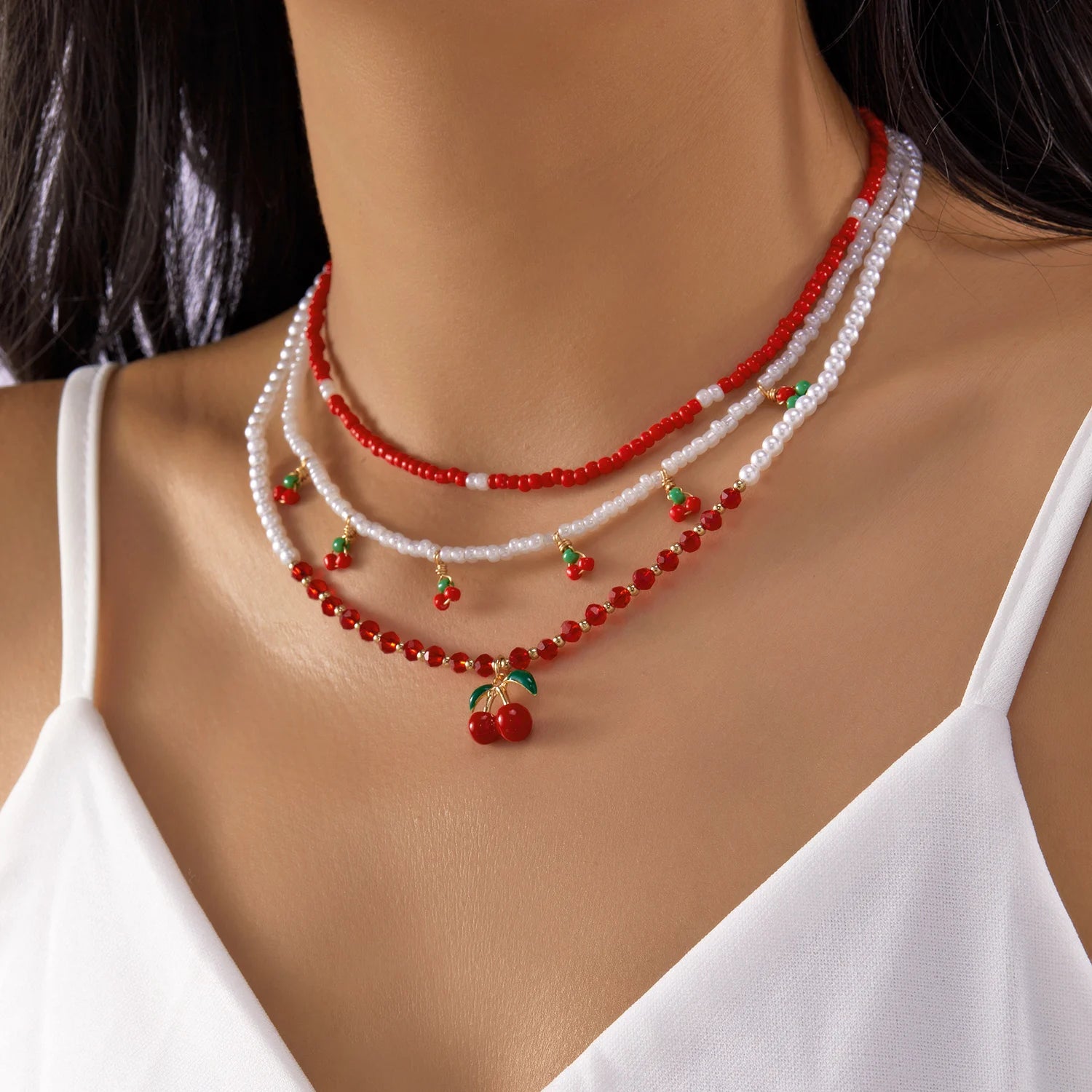Trendy Red Fruit Cherry Pearl Necklace For Women