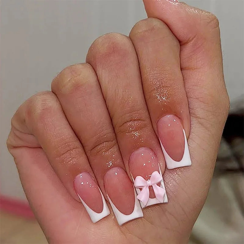 White French Press on Nails 3D Bowknot