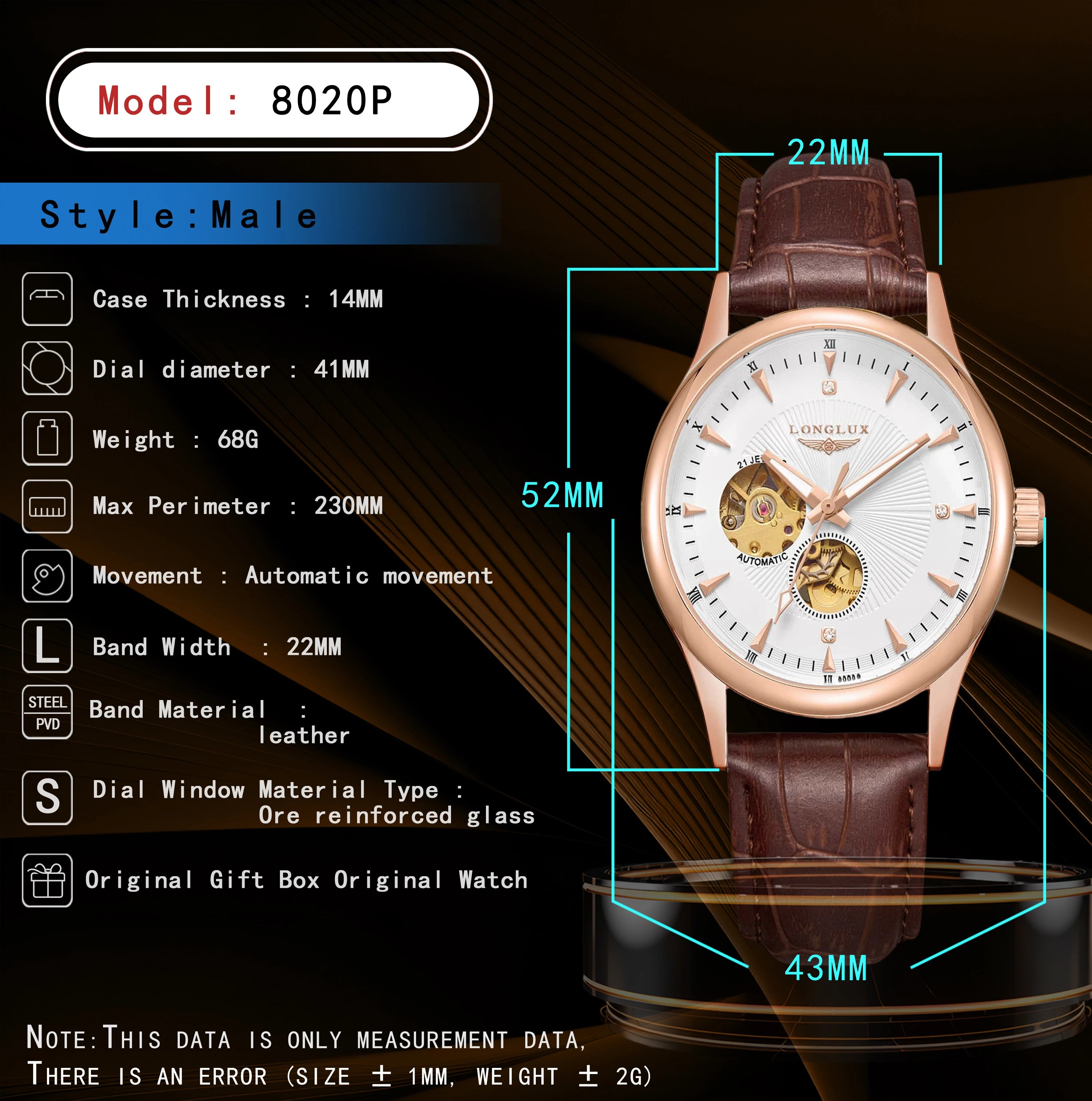 LONGLUX elegant style automatic mens waterproof watch