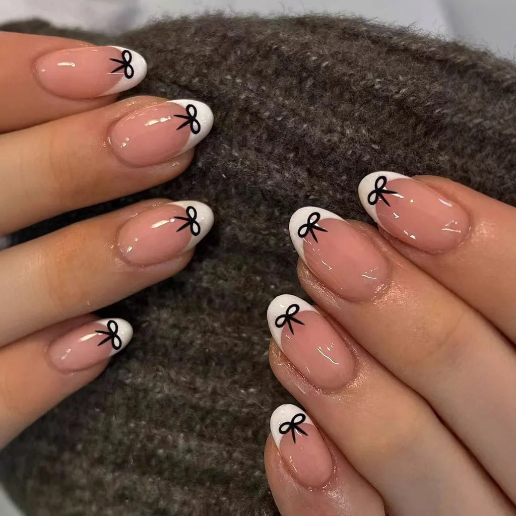 White French Press on Nails 3D Bowknot