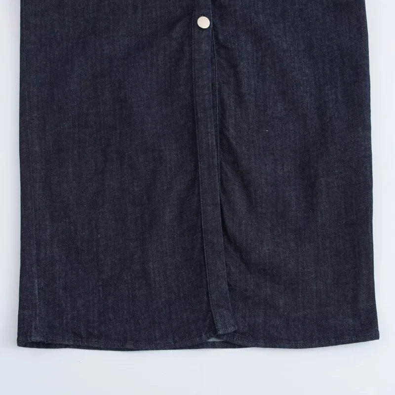 1975 Denim Midi Dress with Lapel & Slim Waist