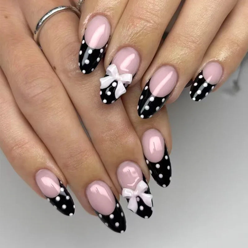 White French Press on Nails 3D Bowknot