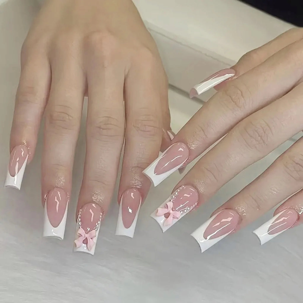 White French Press on Nails 3D Bowknot