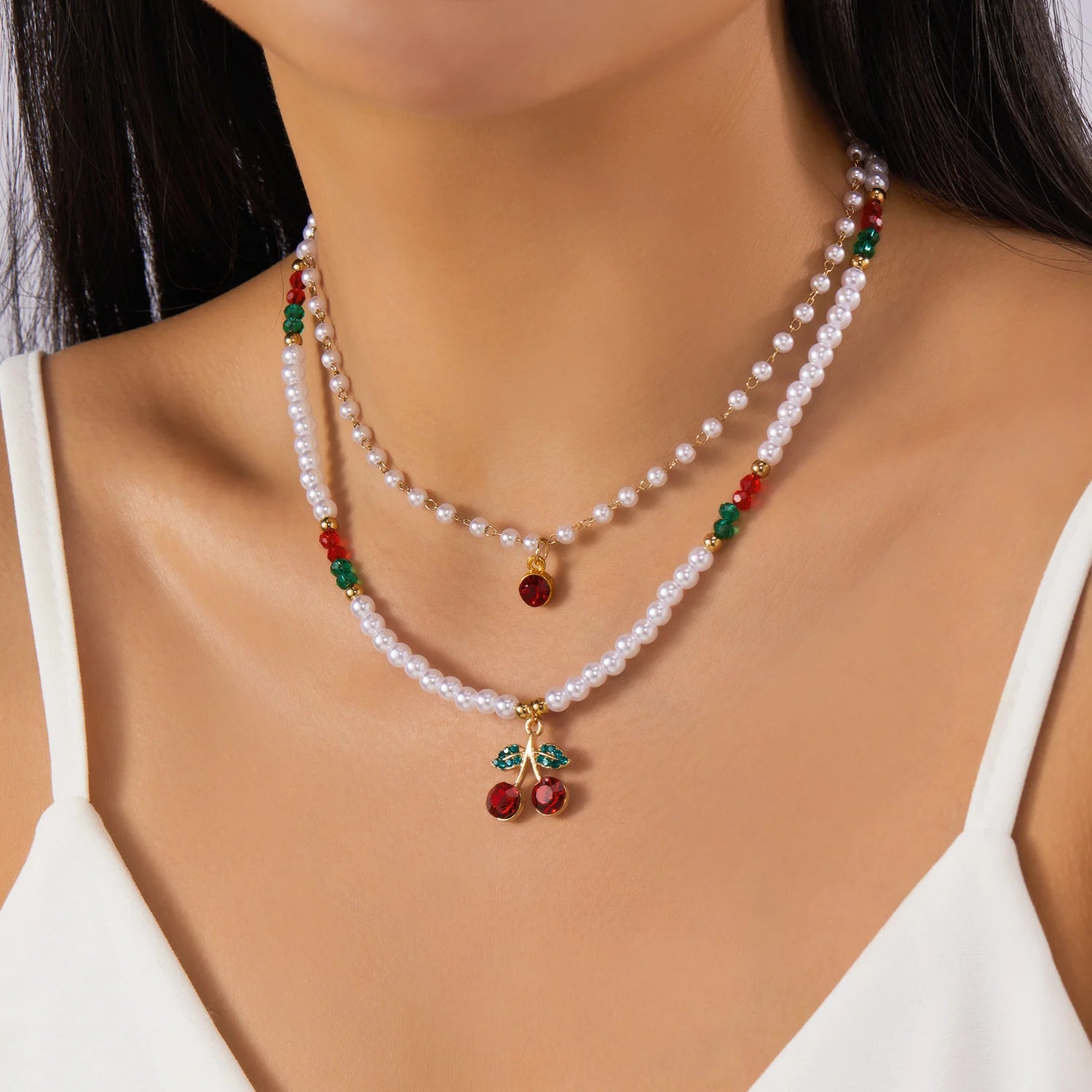 Trendy Red Fruit Cherry Pearl Necklace For Women