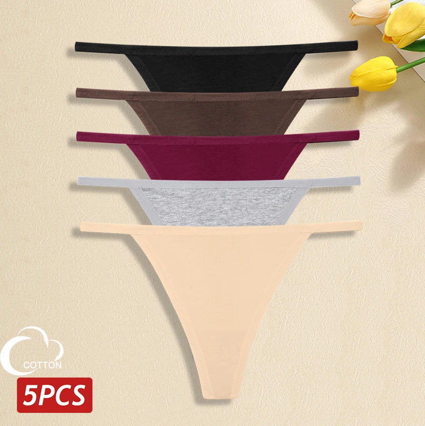 5-Pack Women’s Cotton Thong Panties – Low Waist Breathable Lingerie