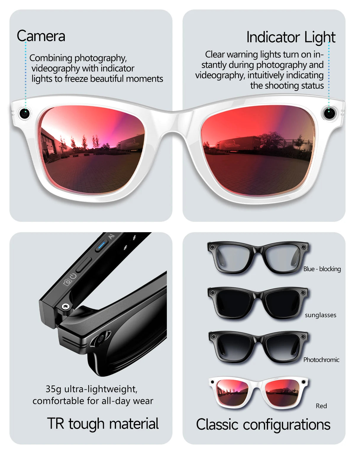 800W AI Camera Smart Glasses – Translation, Photo/Video, Waterproof, Calls, Color-Changing
