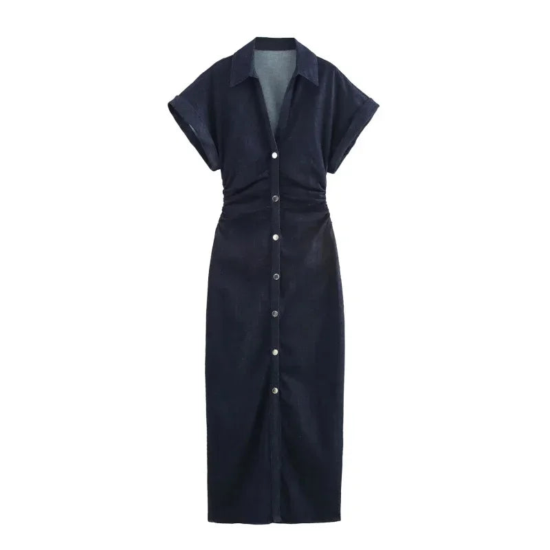 1975 Denim Midi Dress with Lapel & Slim Waist