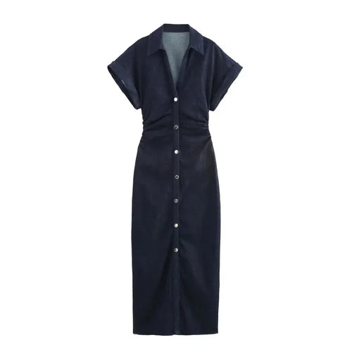 1975 Denim Midi Dress with Lapel & Slim Waist