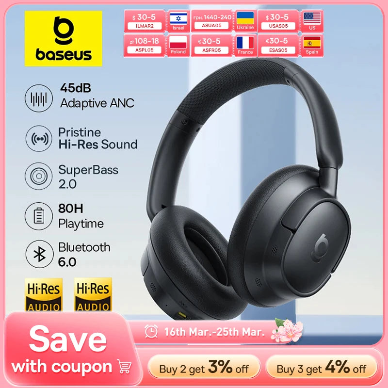 Baseus EH10 NC wireless headphones with adaptive noise canceling, Hi-Res audio, Bluetooth 6.0, and 80-hour battery.