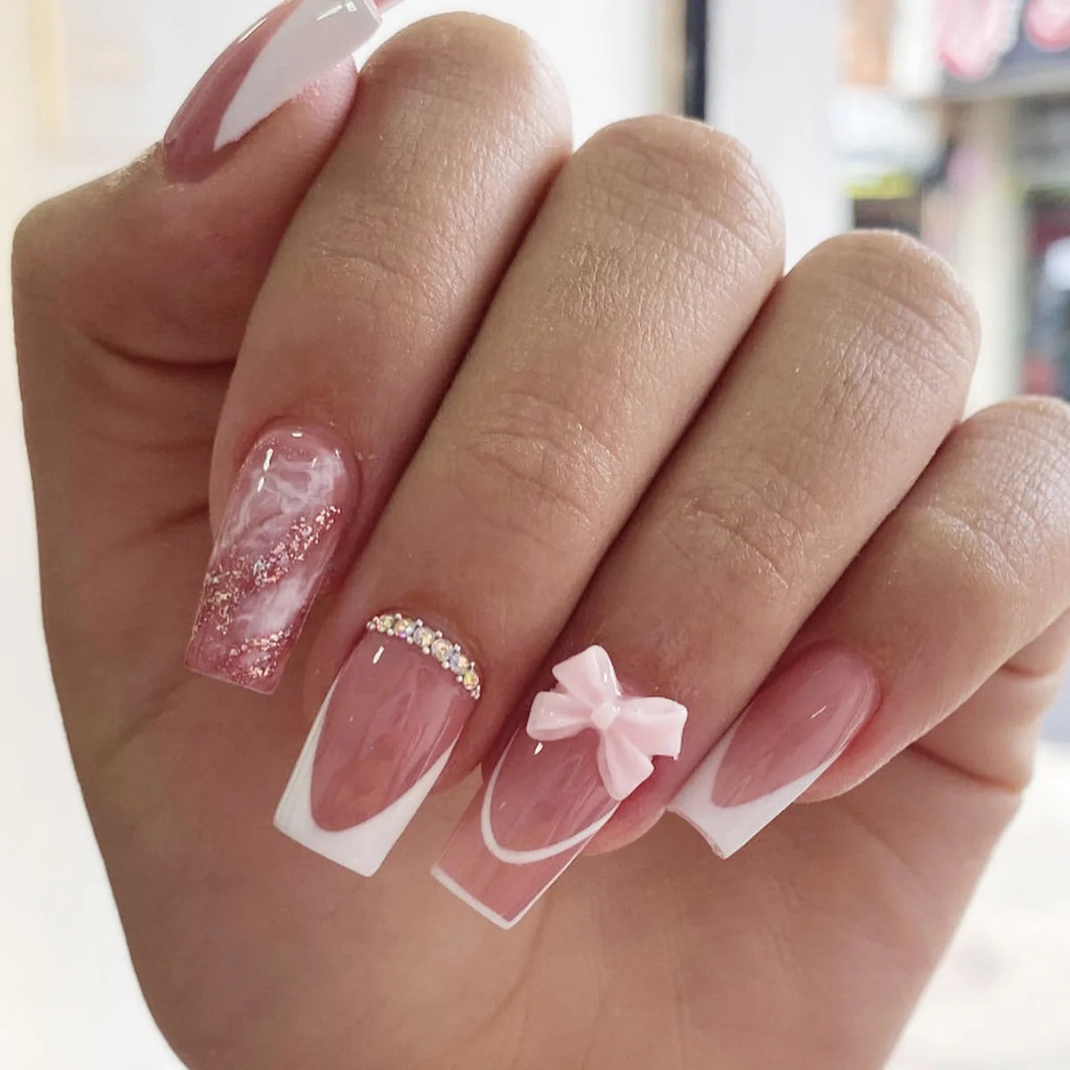 White French Press on Nails 3D Bowknot