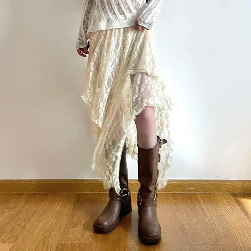 Lace Asymmetrical High-Waist Fairycore Skirt (Vintage Y2K Boho Style)