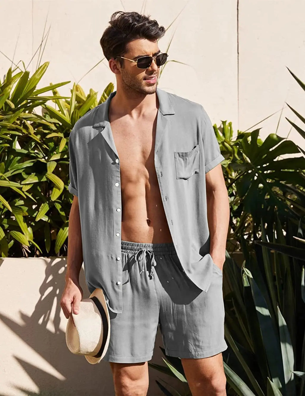 Cotton Linen Shirt Set Men's Casual 2-Piece Suit
