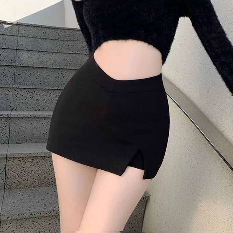 Black High-Waist Split Mini Skirt (Sexy Club & Streetwear Style)