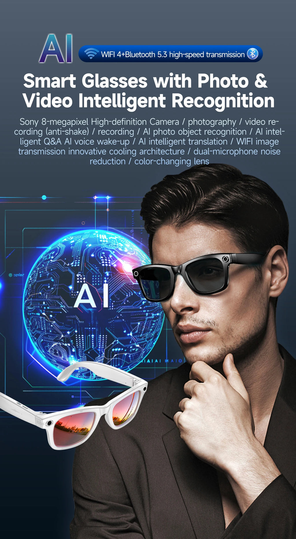 800W AI Camera Smart Glasses – Translation, Photo/Video, Waterproof, Calls, Color-Changing