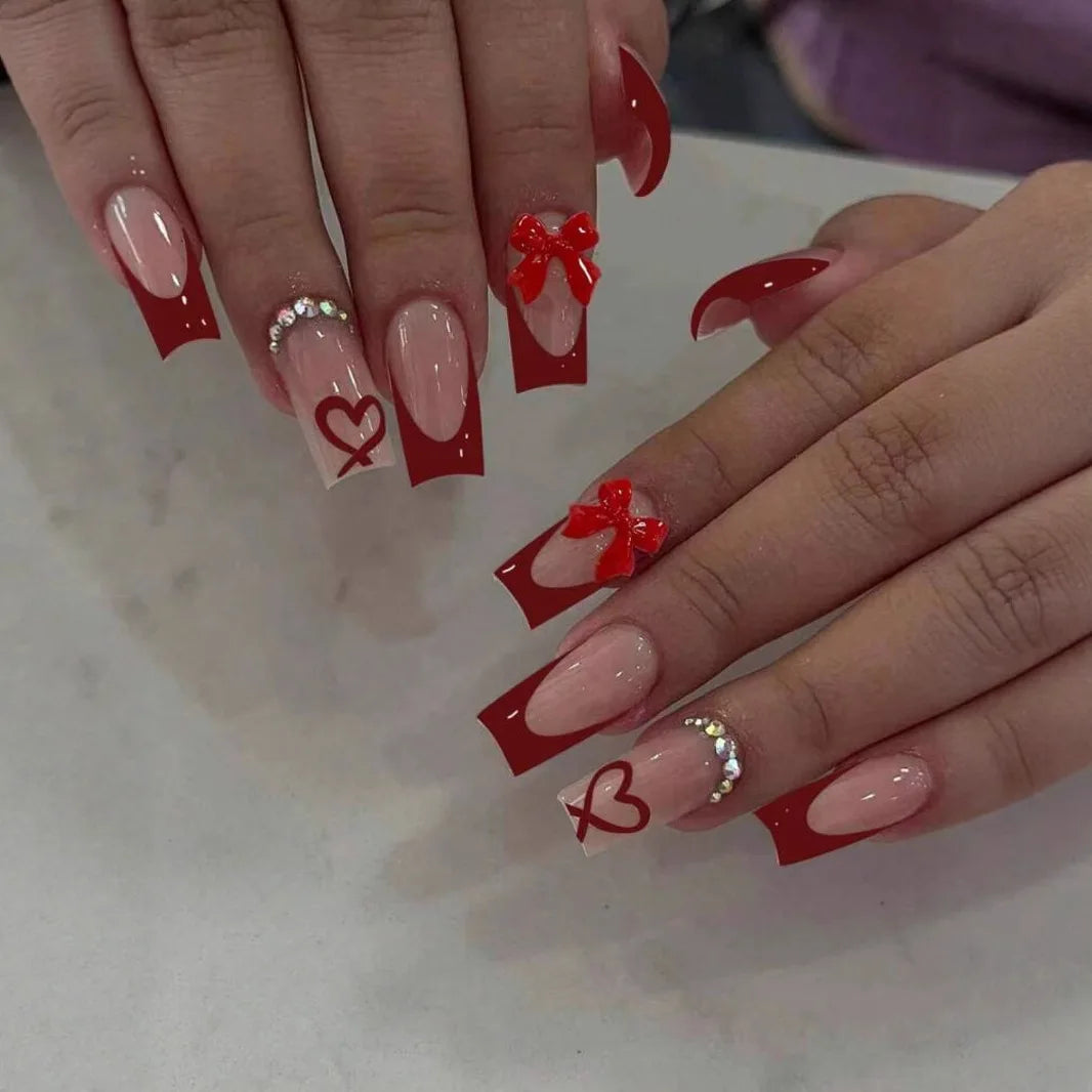 White French Press on Nails 3D Bowknot