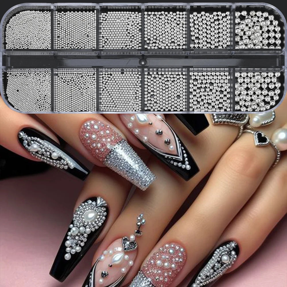 1 Box Half Round Flatback Nail Rhinestones Multi Size Gold& Silver
