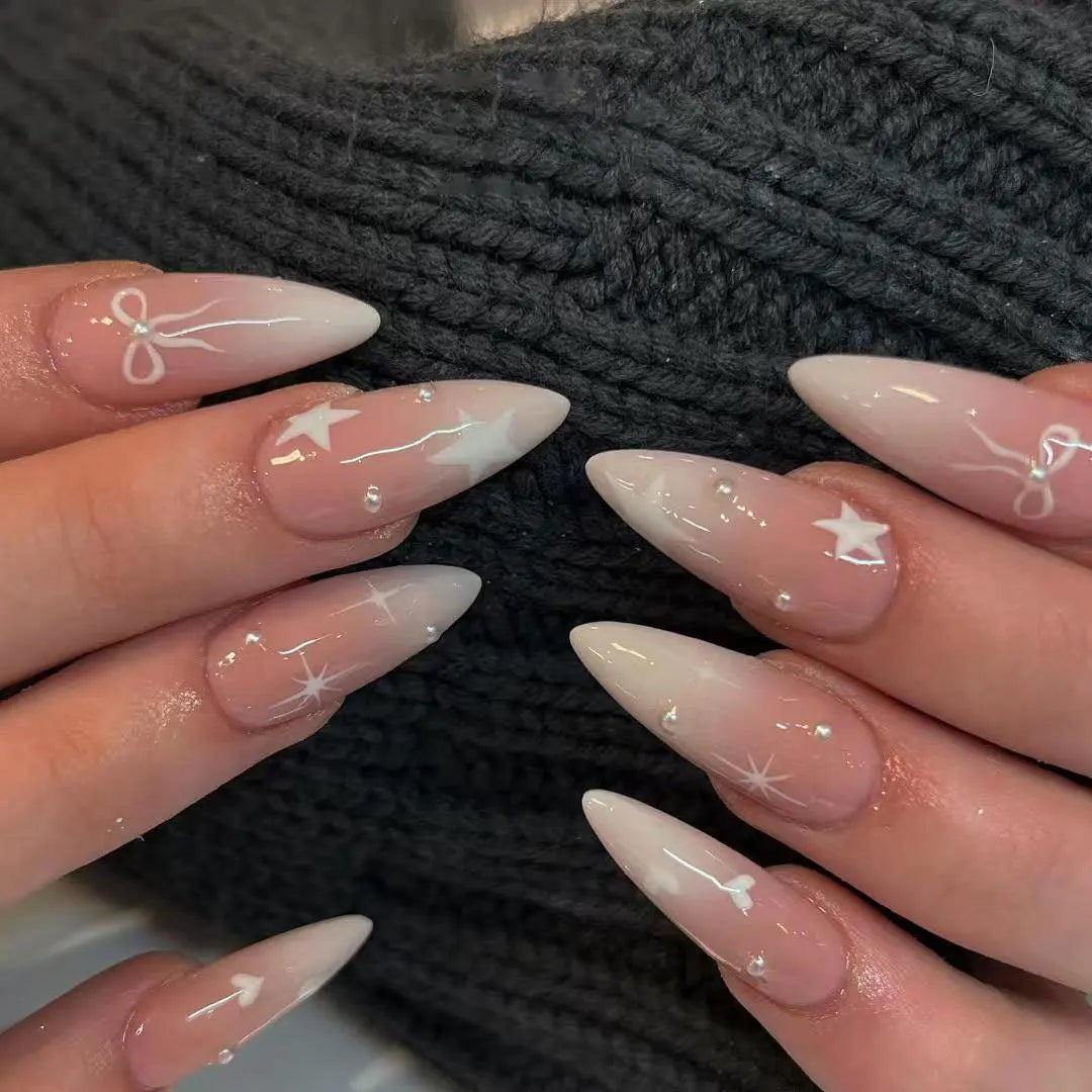 White French Press on Nails 3D Bowknot