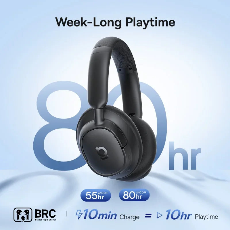 Baseus EH10 NC wireless headphones with adaptive noise canceling, Hi-Res audio, Bluetooth 6.0, and 80-hour battery.