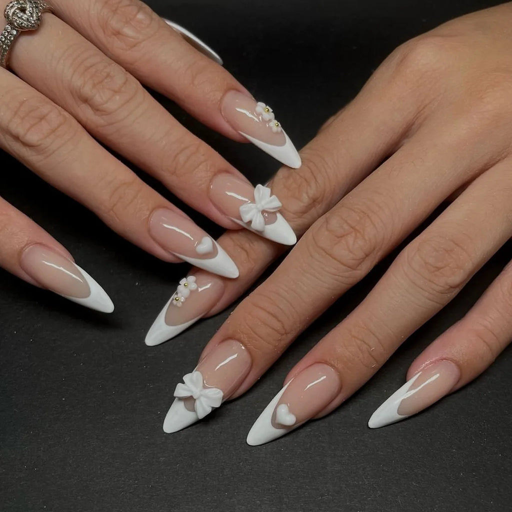 White French Press on Nails 3D Bowknot