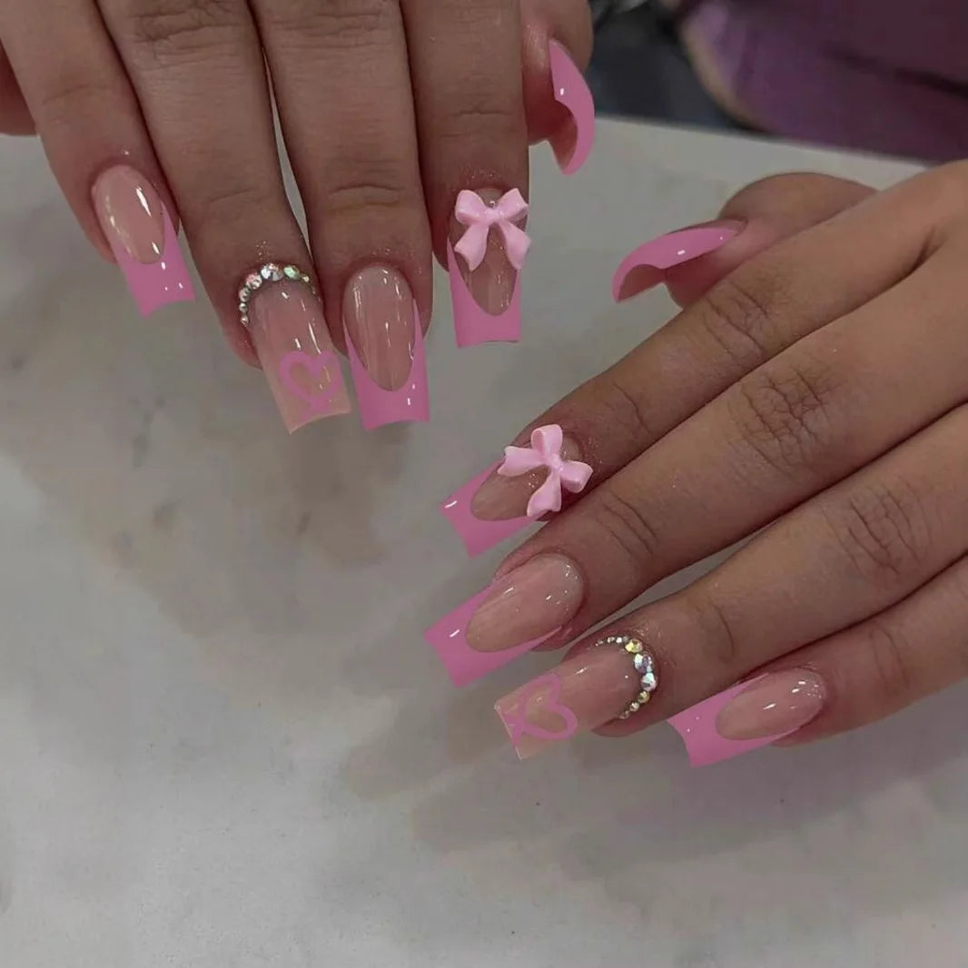 White French Press on Nails 3D Bowknot
