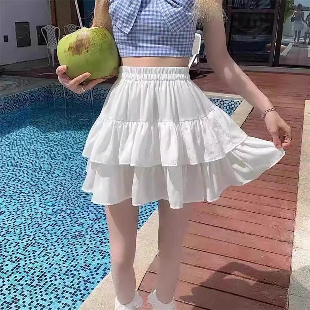 White Tiered Ruffle Skirt with Elastic Waist (Preppy Summer Style)