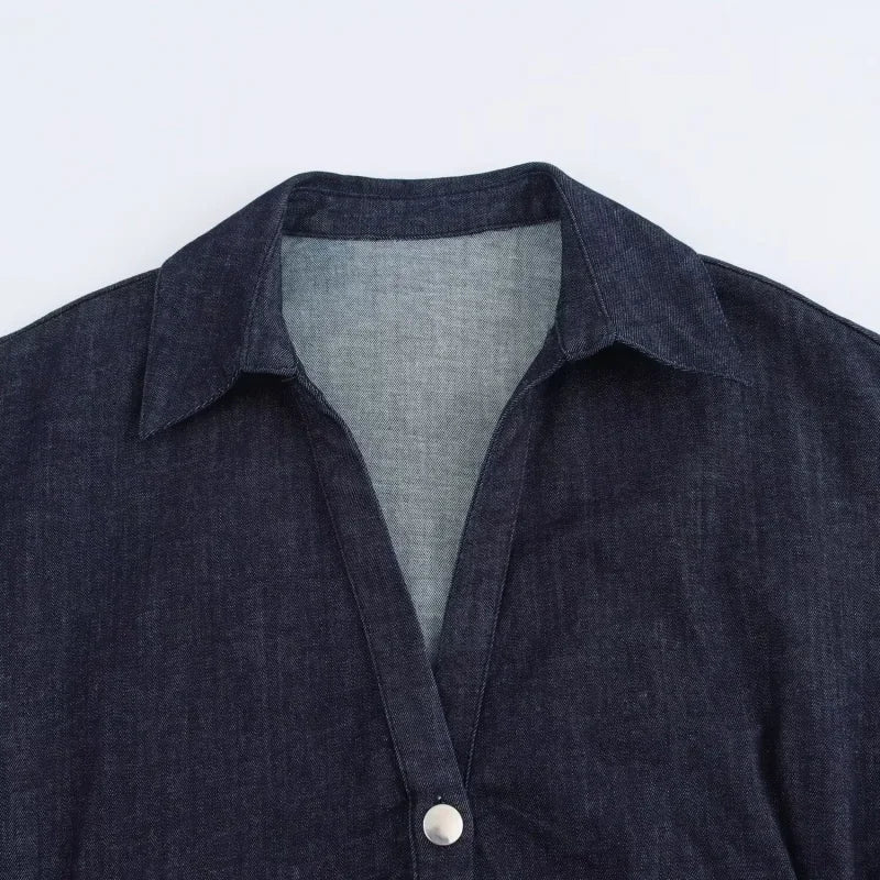 1975 Denim Midi Dress with Lapel & Slim Waist