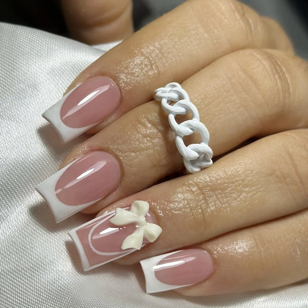 White French Press on Nails 3D Bowknot