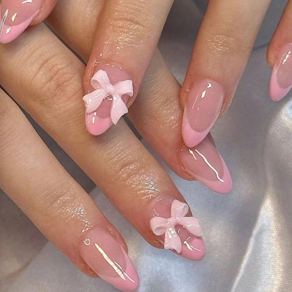 White French Press on Nails 3D Bowknot