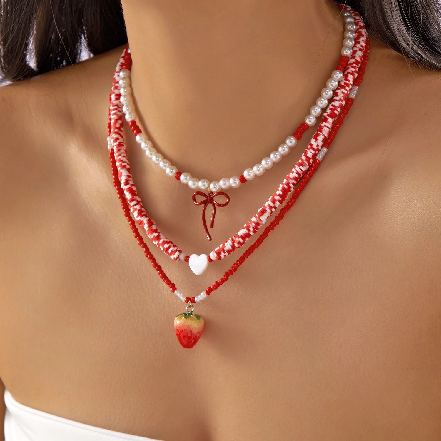 Trendy Red Fruit Cherry Pearl Necklace For Women