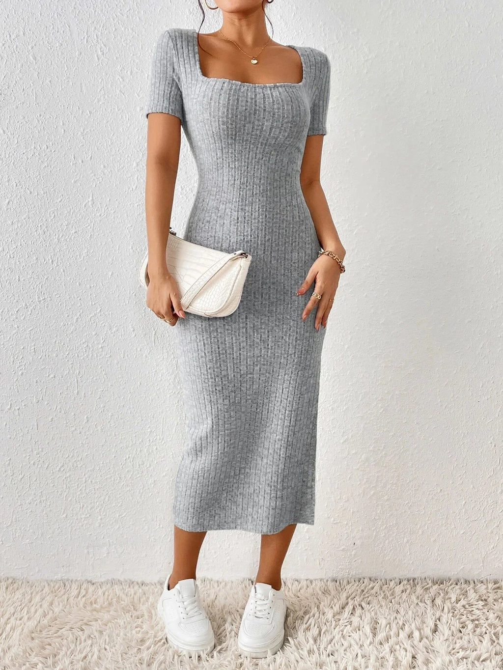 Women's Casual Short Sleeve Square Collar Side Slit Knitted Dress