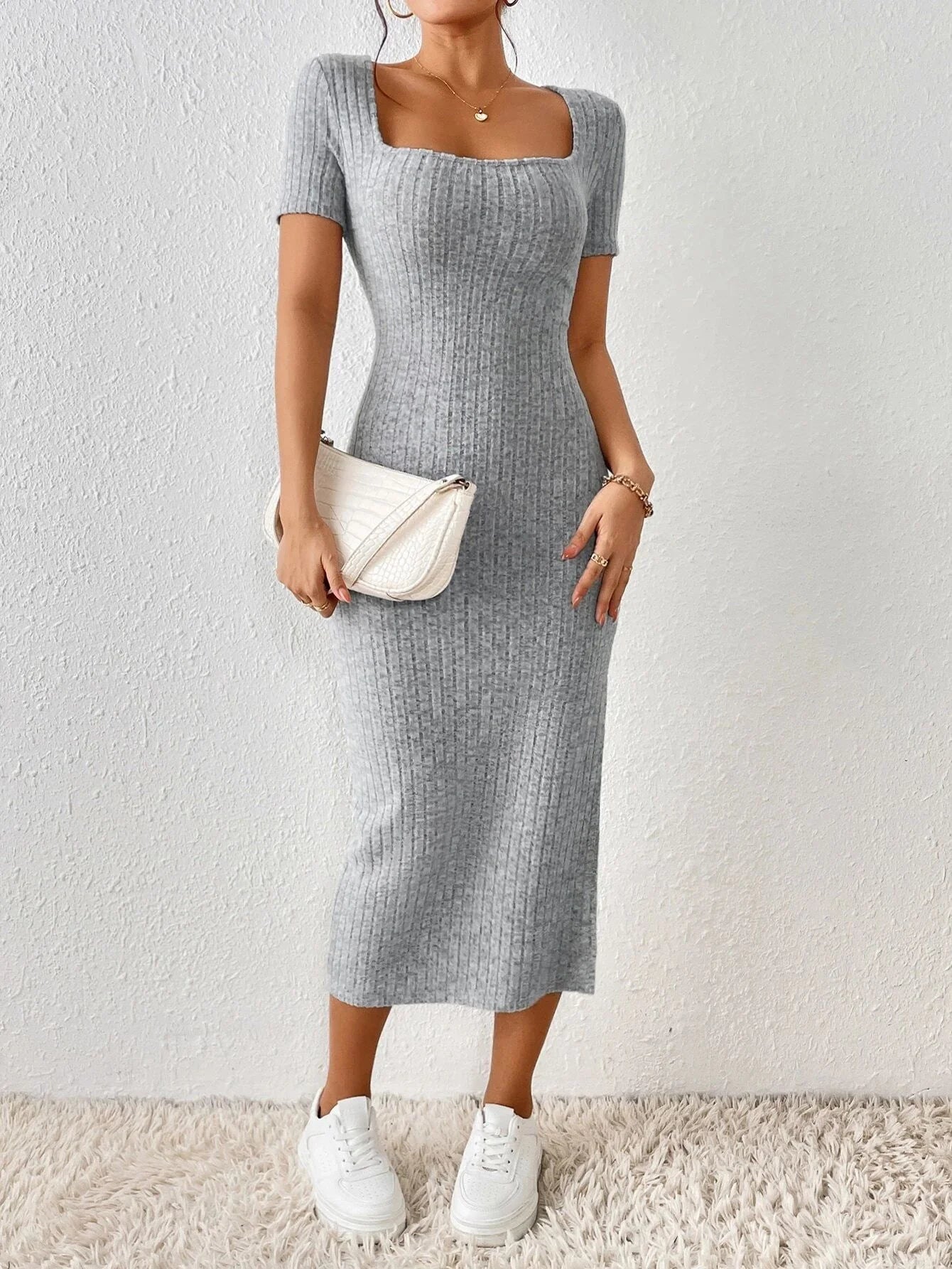 Women's Casual Short Sleeve Square Collar Side Slit Knitted Dress