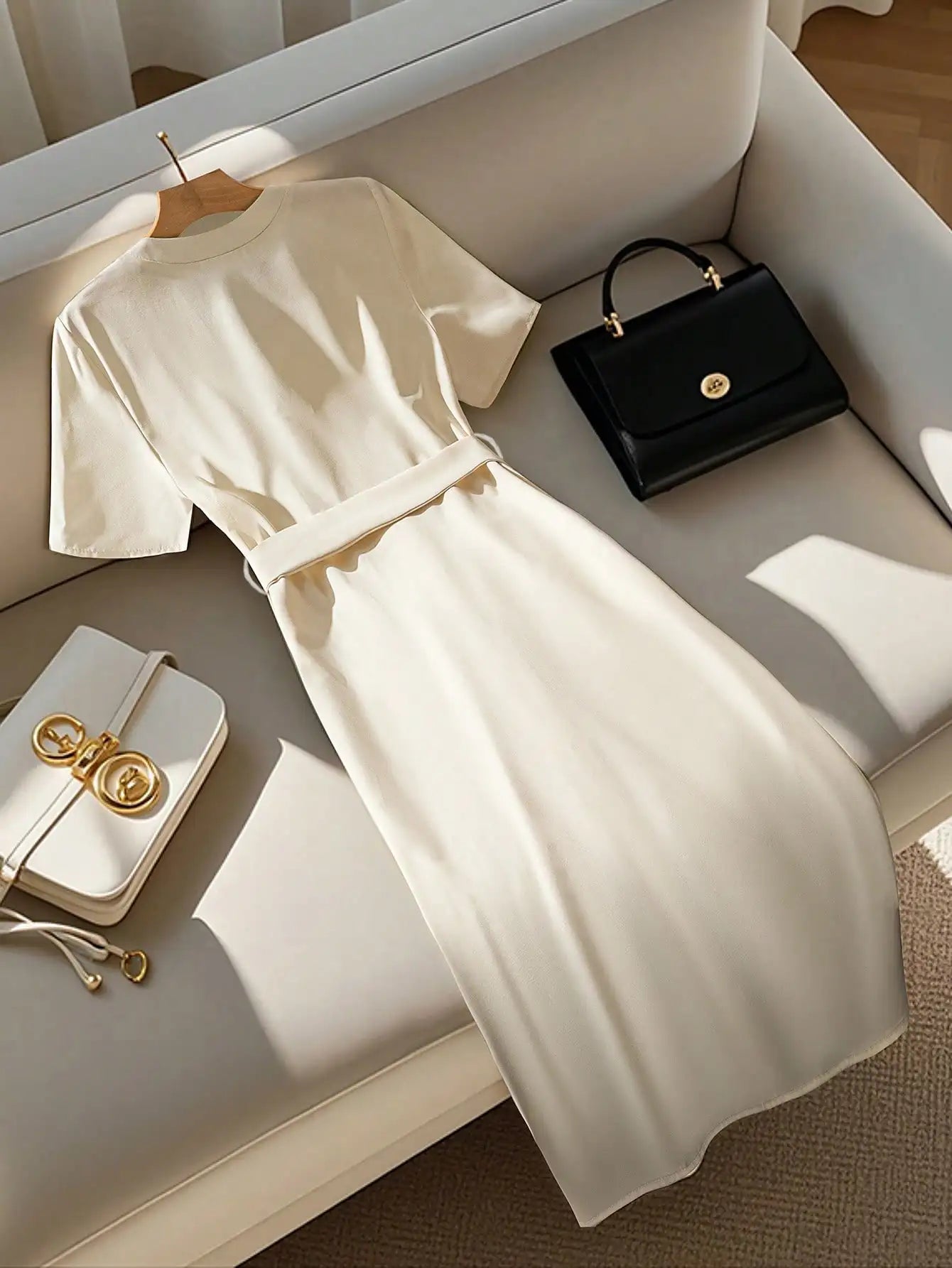 Women's Elegant Beige Midi Dress with Short Sleeves and Belt